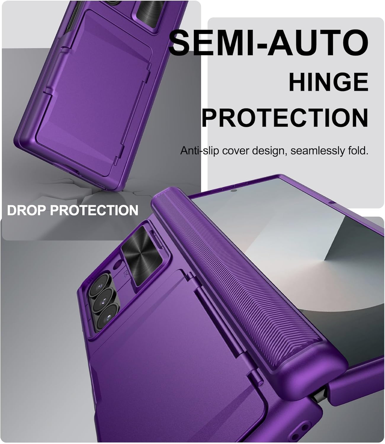 for Samsung Galaxy Z Fold 6 Case with Card Holder & Slide Camera Lens Cover & Hinge Protection & Screen Protector, Multifunctional Durable Rugged Phone Case for Samsung Z Fold 6, Dark Purple