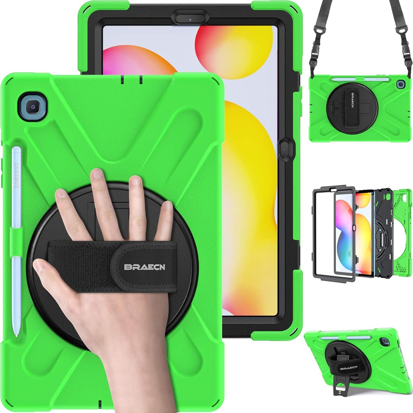BRAECN for Samsung Galaxy Tab S6 Lite 10.4 Case, Heavy Duty Shockproof Case with Hand Strap, Shoulder Strap, Kickstand, S Pen Holder for Galaxy Tab S6 Lite 10.4 Inch SM-P620/P610 2024/2022/2020-Green