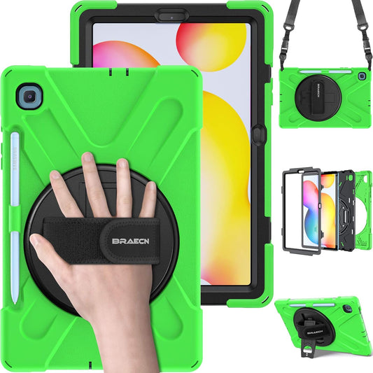 BRAECN for Samsung Galaxy Tab S6 Lite 10.4 Case, Heavy Duty Shockproof Case with Hand Strap, Shoulder Strap, Kickstand, S Pen Holder for Galaxy Tab S6 Lite 10.4 Inch SM-P620/P610 2024/2022/2020-Green