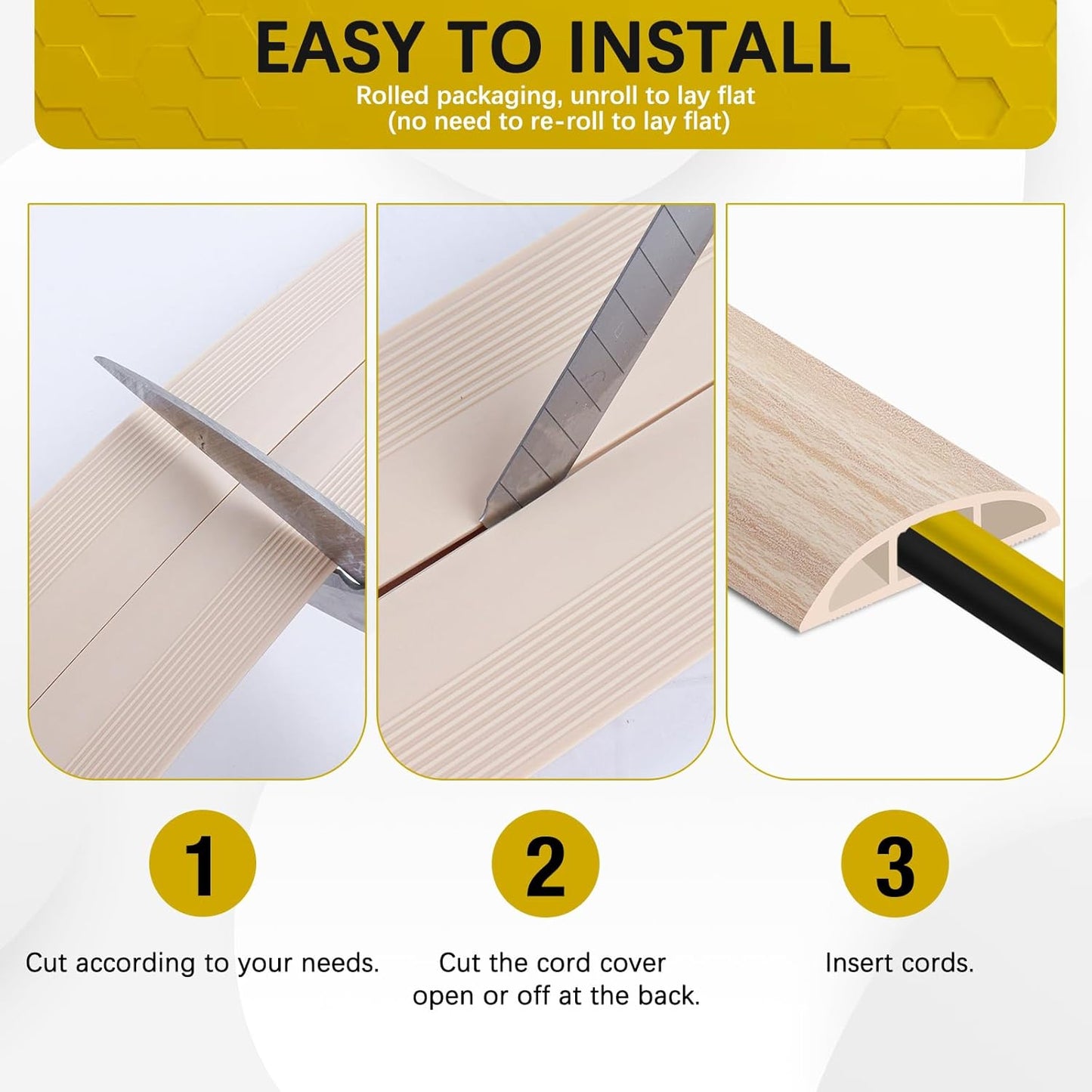 Floor Cord Cover 3.3FT Cord Covers for Wires on Floor Protect Wires & Prevent Trip Hazards, Easy to Cut for Home, Office, School, Concerts, Cavity W0.6in x H0.32in