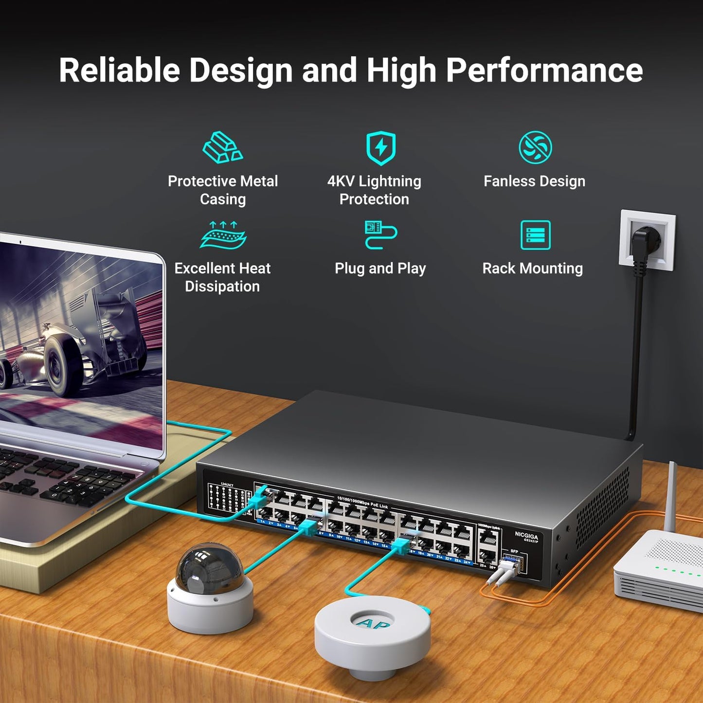 NICGIGA 24-Port Gigabit PoE Switch with 24 PoE+@300W, 2 Gigabit Uplink Ports, 1 SFP, Sturdy Metal for Desktop/Rack Mount, Plug and Play, Unmanaged Power Over Ethernet Switch