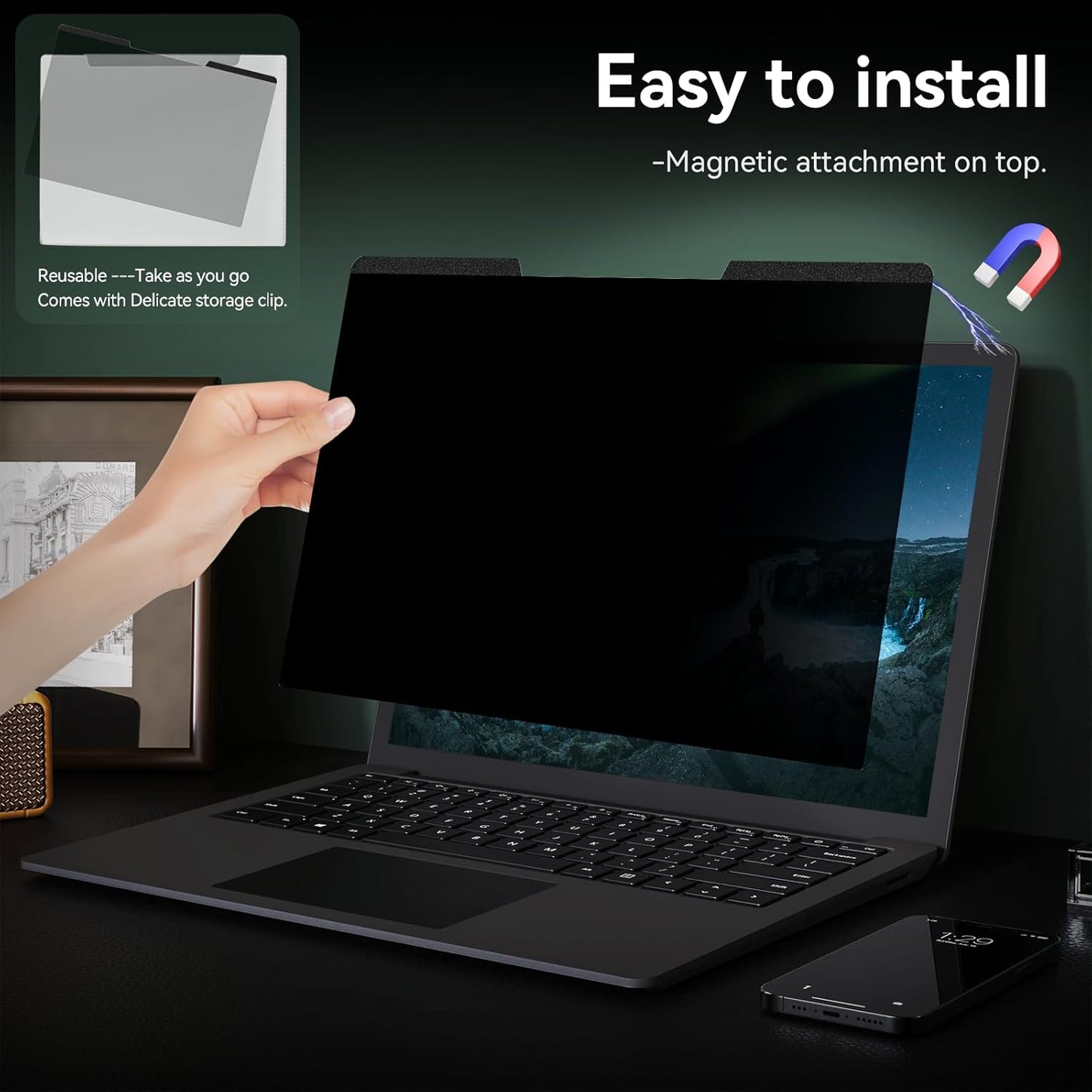 Magnetic Laptop Screen Privacy Shield 16:9 Aspect Ratio Anti-Glare Blue Light Monitor Protector, Removable 13.3in Film for Lenovo HP Acer Asus Thinkpad Envy Xps