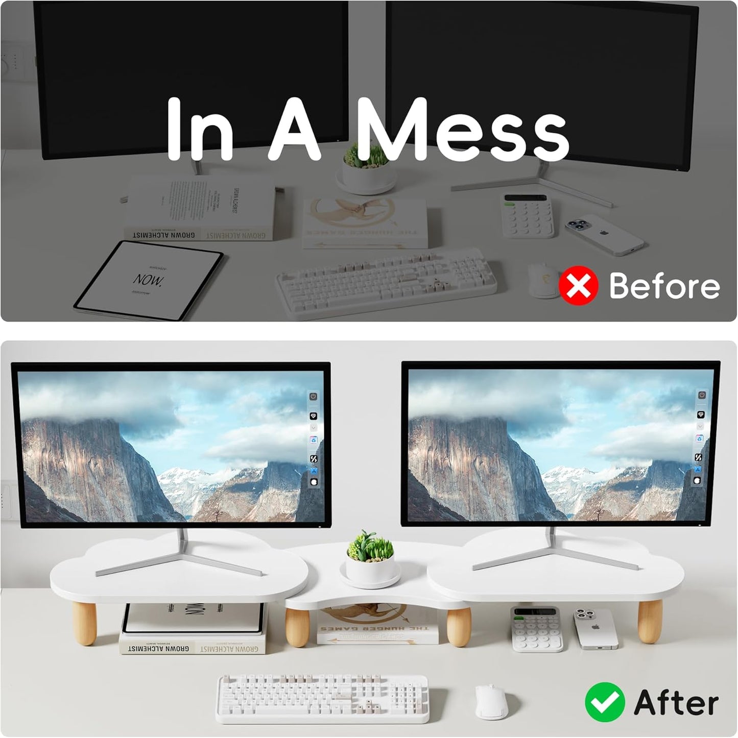 Dual Monitor Stand Riser,Rainbow Cloud Desktop Computer Stand for 2 Monitors,Adjustable Length and Angle Multifunctional Desktop Organizer Stand for Laptop, PC, Computer, Printer,White