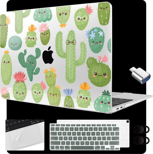 MEEgoodo for MacBook Air 13.3 inch Case 2021 2020 2019 2018 A2337 M1 A2179 A1932, Laptop Shell for MacBook Air M1 with Keyboard Webcam Cover & Trackpad Film & Type C Adapter,Smiley Cactus