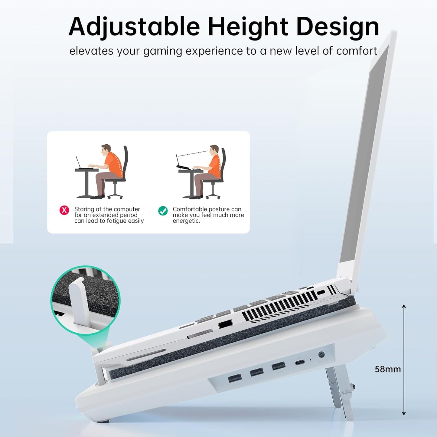 Llano V13 Laptop Cooling Pad with 5.5" Turbofan – High-Speed Cooling for 15-21 Inch Gaming Laptops, Adjustable Speed & Touch Control, 3-Port USB Hub, with Mousepad, White