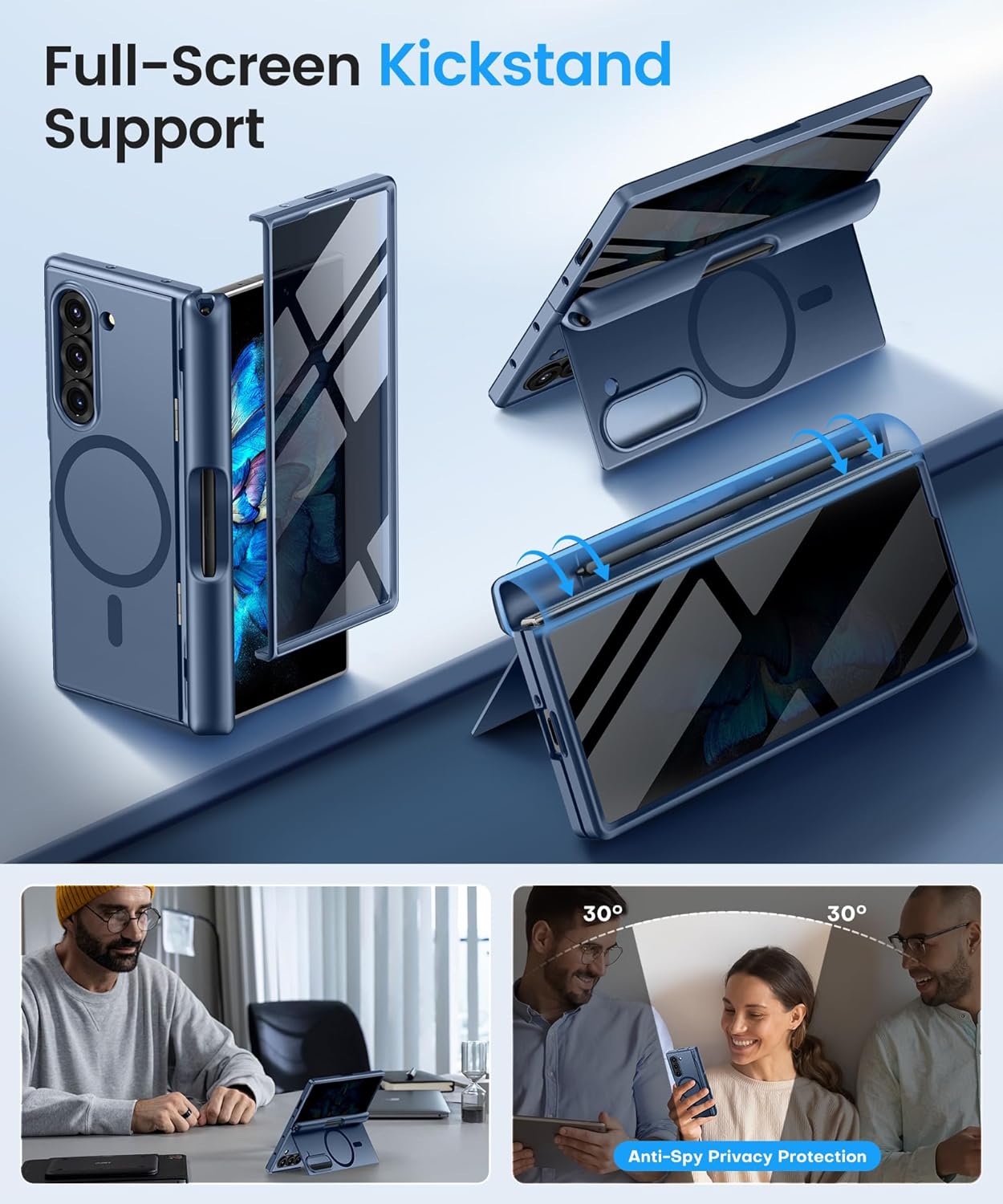 BERFY Magnetic for Samsung Galaxy Z Fold 6 Case with Privacy Screen Protector, [Compatible with MagSafe][Anti Spy]Built-in S Pen Holder & Kickstand, Full-Body Shockproof Phone Case for Z Fold 6, Blue