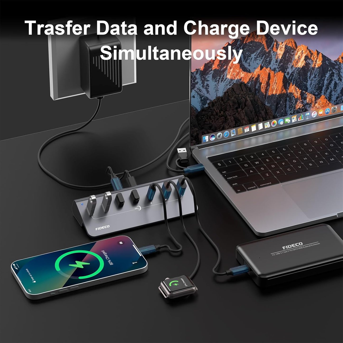 FIDECO Powered USB Hub, 7 Port 10Gbps Fast Data Hub for iPhone 16/15 and Laptop, Full Aluminum USB Splitter with 5V 3A Power Adapter, 4 USB A and 3 USB C Ports, Support BC1.2 Charging, Grey