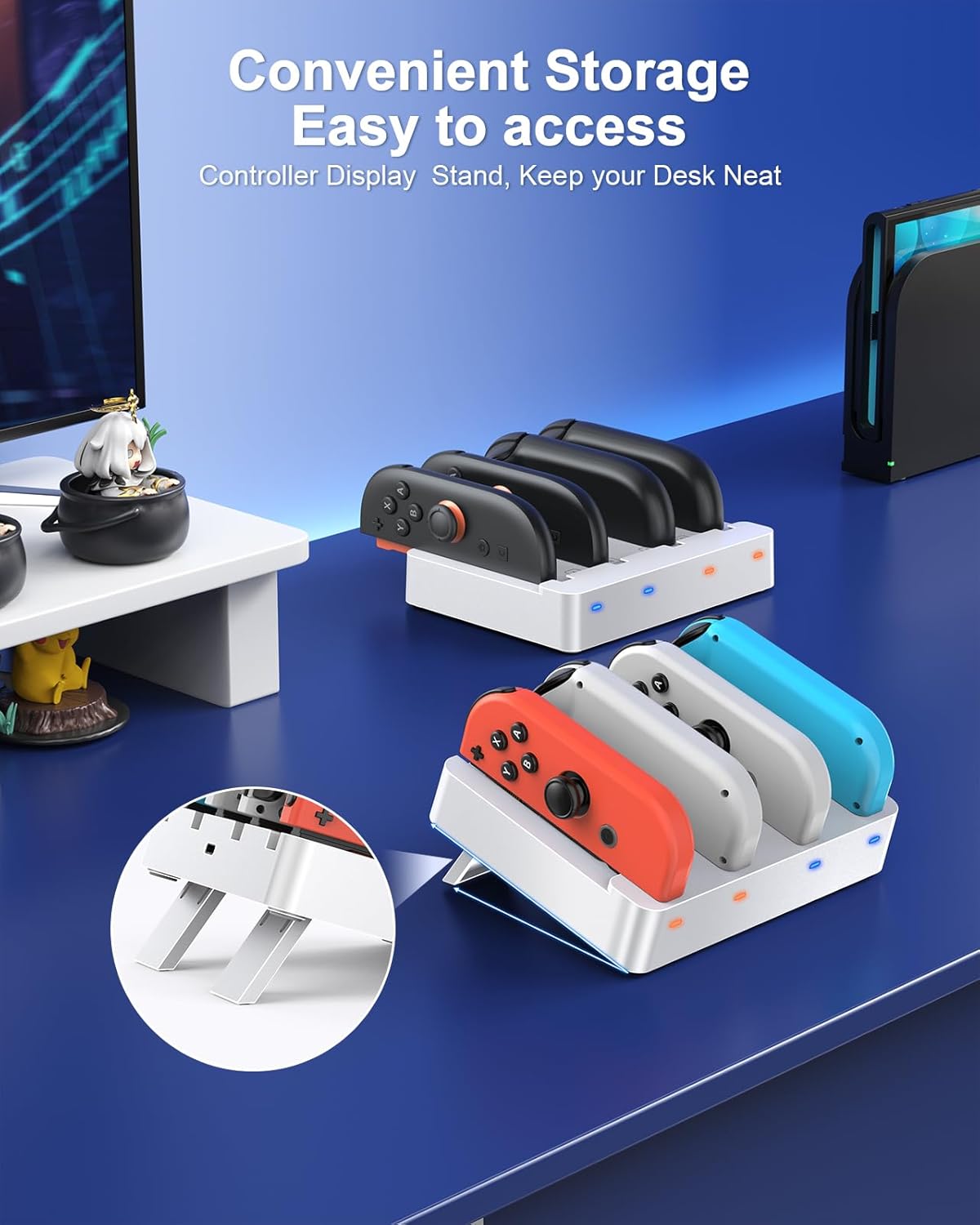 Charger for Nintendo Switch 2 and Switch 1 Controller, Horizontal Charging Dock Station for Joy con and for Joycon 2 Accessories with Foldable Storage Stand (White)