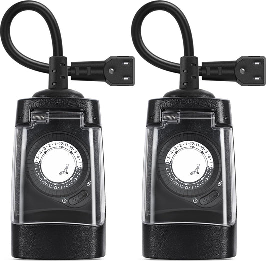 G-ELEK Outdoor Timer Outlet Waterproof, 24 Hour Outdoor Light Timer, Timers for Electrical Outlets, Ideal for Pool Pump, Christmas Lights, Heavy Duty, 1 Grounded, CSA Listed, 2 Pack