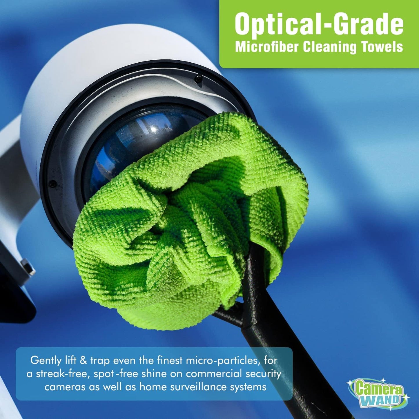 Surveillance/Security Camera Cleaning Tool - Safely from The Ground - with Cleaning Solution & Re-usable Microfiber Towels
