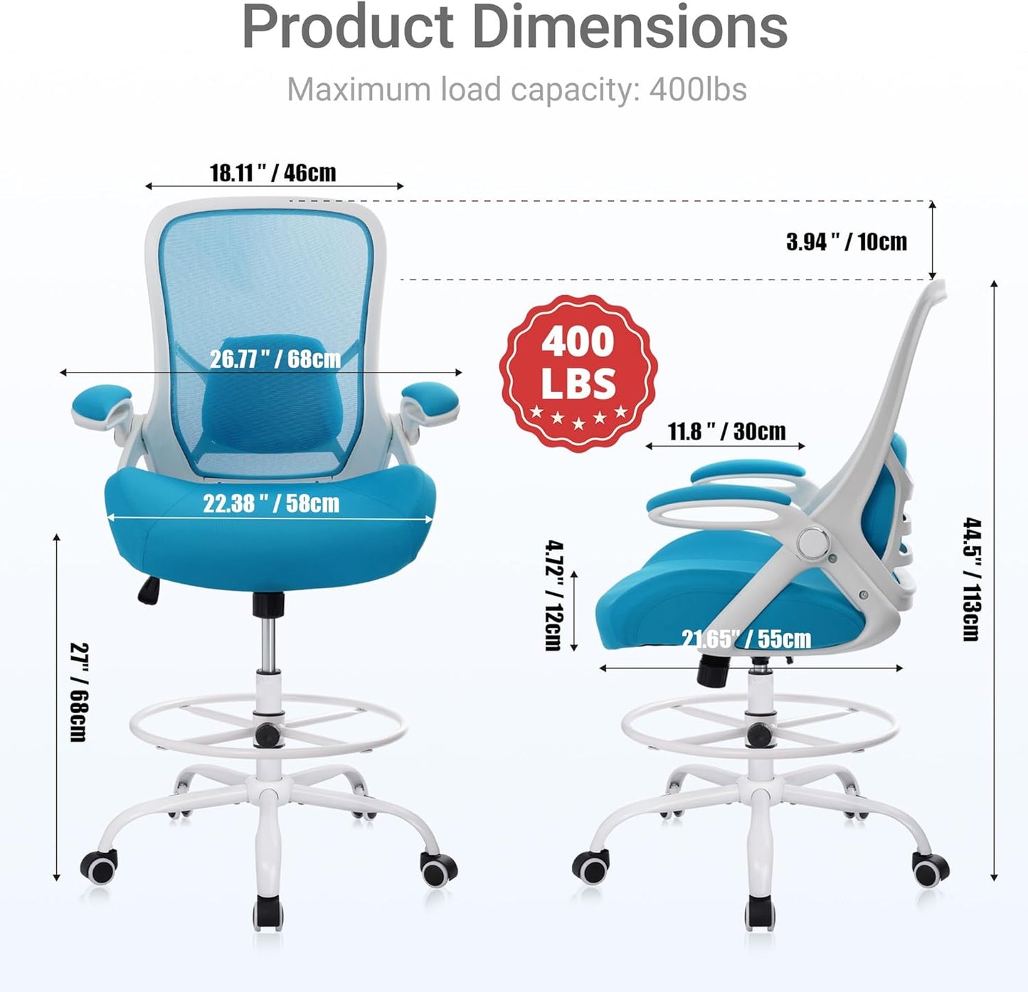 HYLONE 400lbs Heavy Duty Drafting Chair 5" Thickened Seat Office Chair with Flip-Up Armrests Tall Ergonomic Computer Chair with Lumbar Support and Adjustable Footrest Ring Standing Desk Chair (Blue)