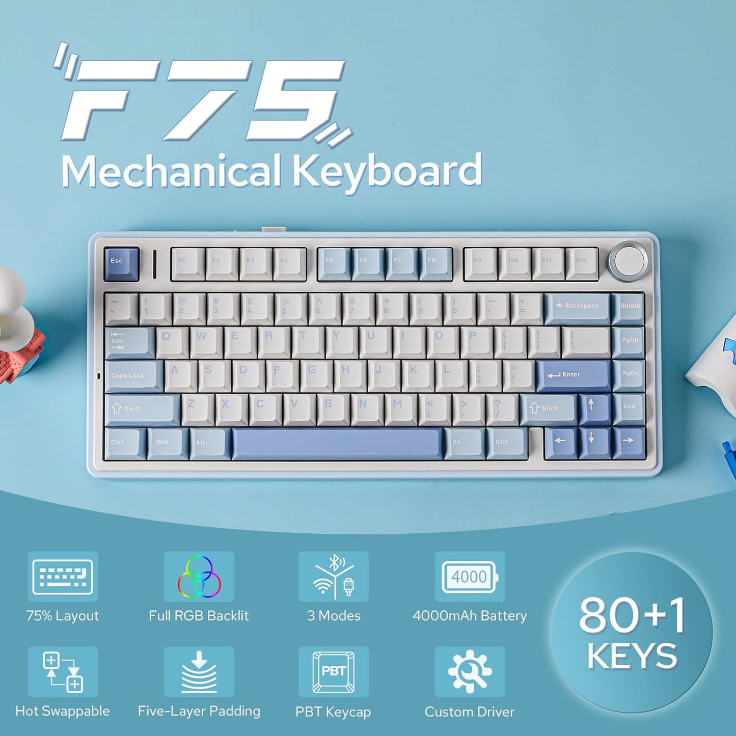 EPOMAKER x Aula F75 Gasket Mechanical Keyboard, 75% Wireless Hot Swappable Gaming Keyboard with Five-Layer Padding&Knob, Bluetooth/2.4GHz/USB-C, RGB (Sea Salt Blue, Ice Vein Switch)