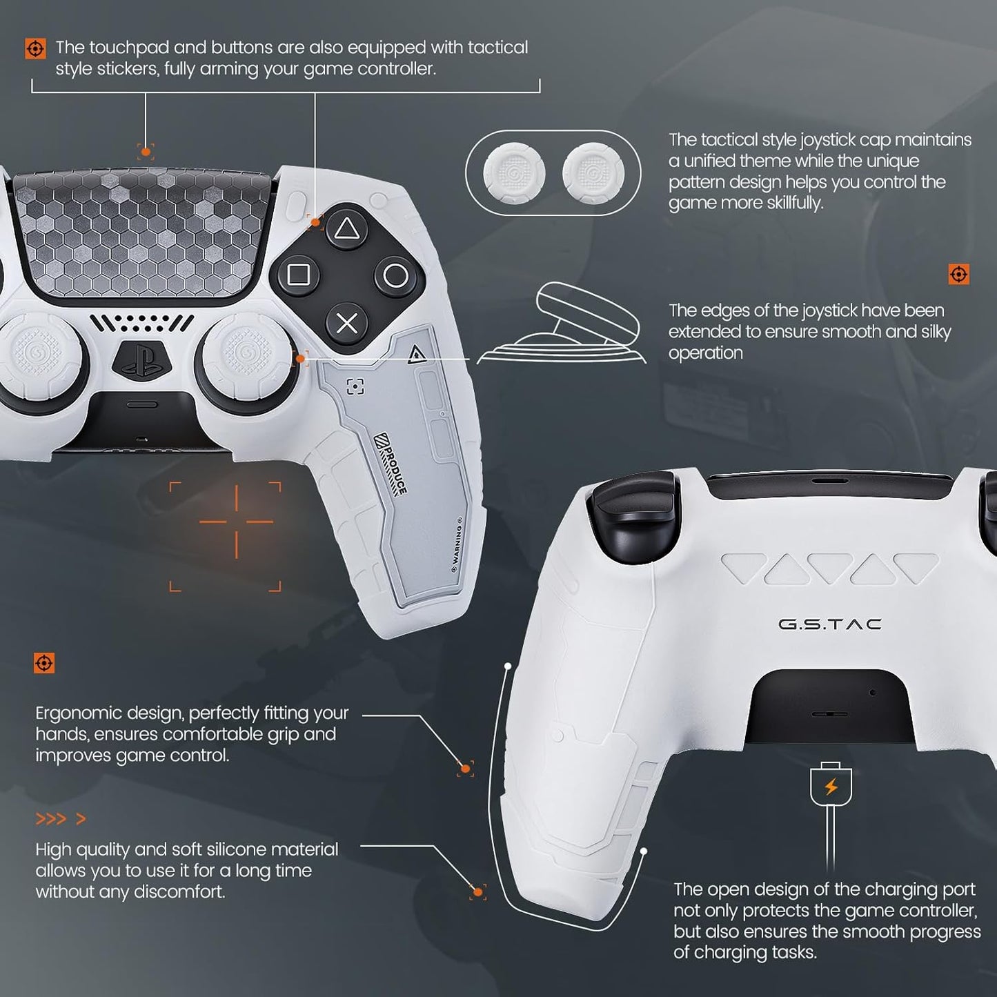 Geekshare G.S.TAC Tactical Compatible with PS5 Controller Skin Set, Tactical Silicone Cover for PS5 Wireless Controller with 2 Thumb Grips & 2 Stickers for Monster Hunter Wilds - White