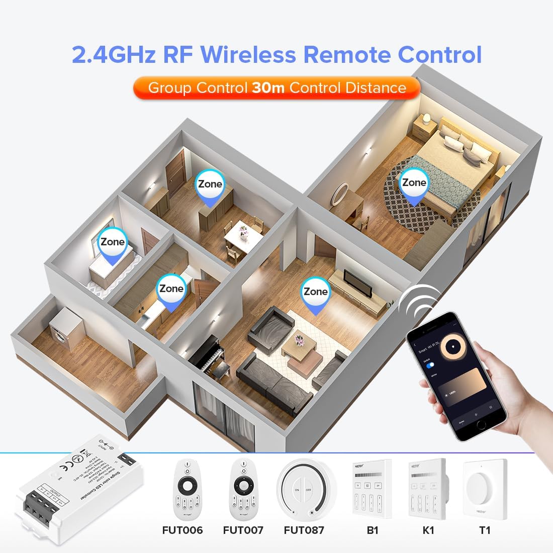 BTF-LIGHTING C01RF Tuya Controller Support PWM 5050SMD FCOB COB Single Color (+V -V) 2pin LED Strip Support with RC01RFB WR02RF Remote DC5V/DC12V/DC24V Max 12A Indoor Use Only(NO Remote NO Power)