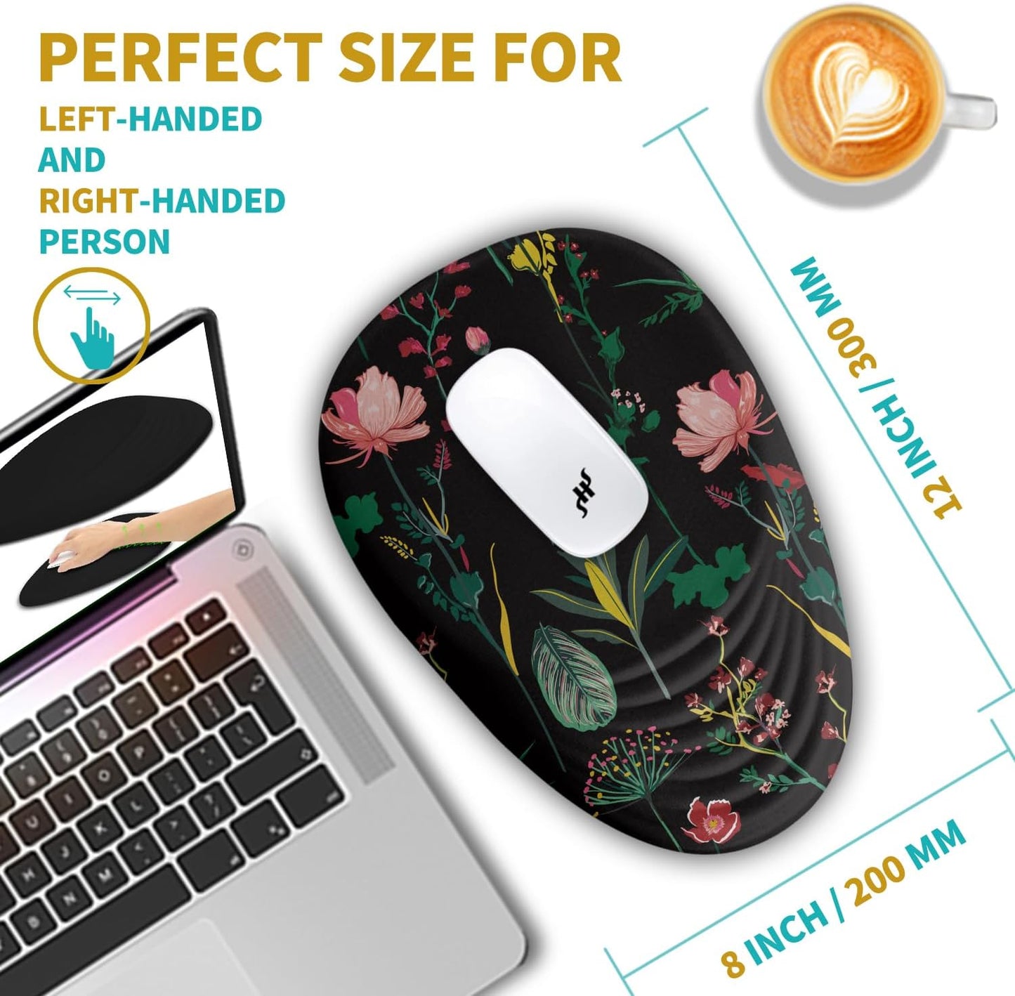 Hokafenle Ergonomic Mouse Pad Wrist Support with Stepped-Wedge Design, Wrist Rest Pain Relief Mousepad Filled with Memory Foam, Carpal Tunnel Mousepad for Wireless Mouse(12x8 inch, Botanical Flowers)
