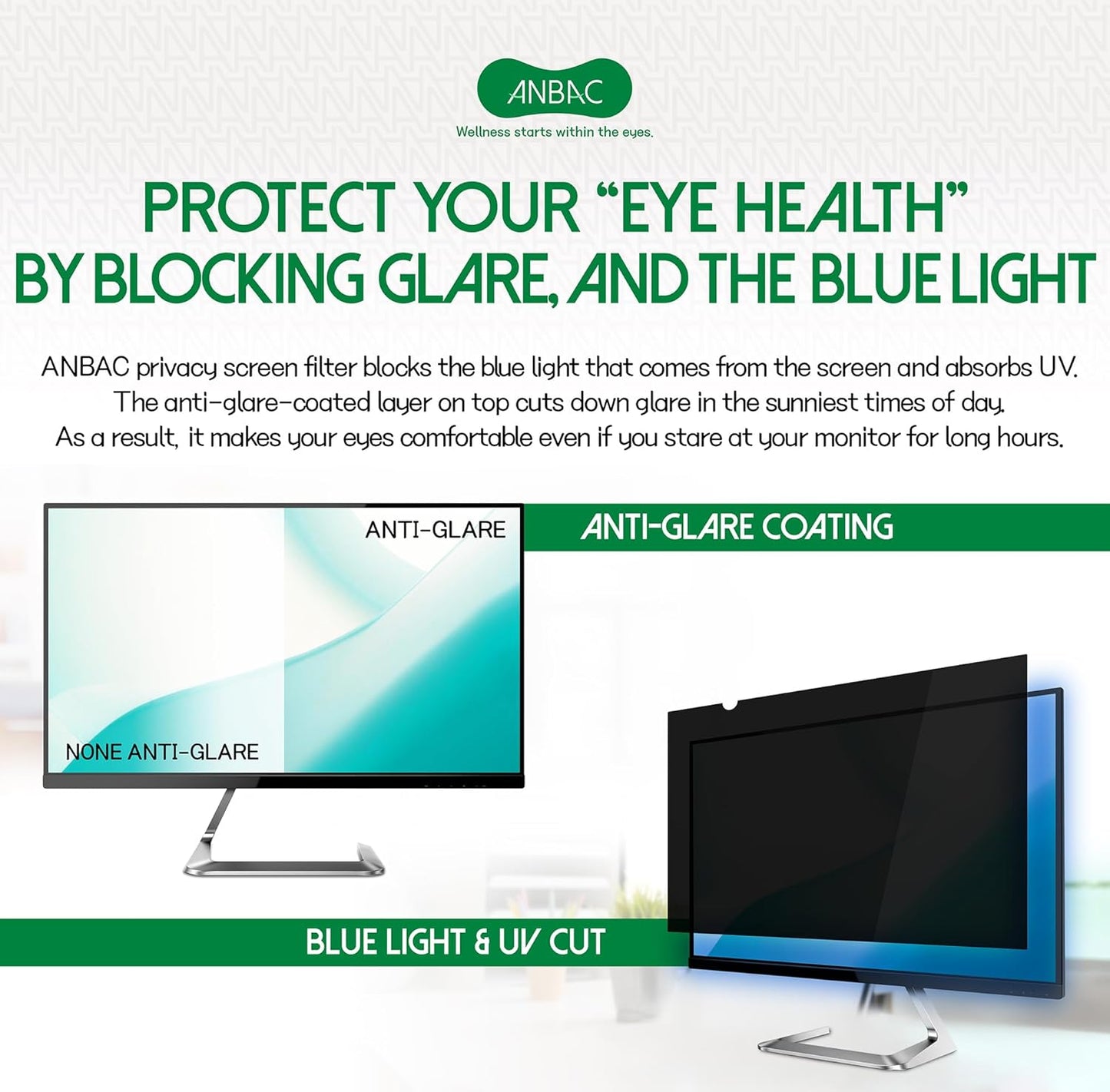 24 Inch Desktop Privacy Screen Shield for 16:10 Wide Monitor - Anti Glare Computer Privacy Screen Cover | Blue Light Blocking Screen Protector | Scratch Resistant UV Filter | Attachment Type