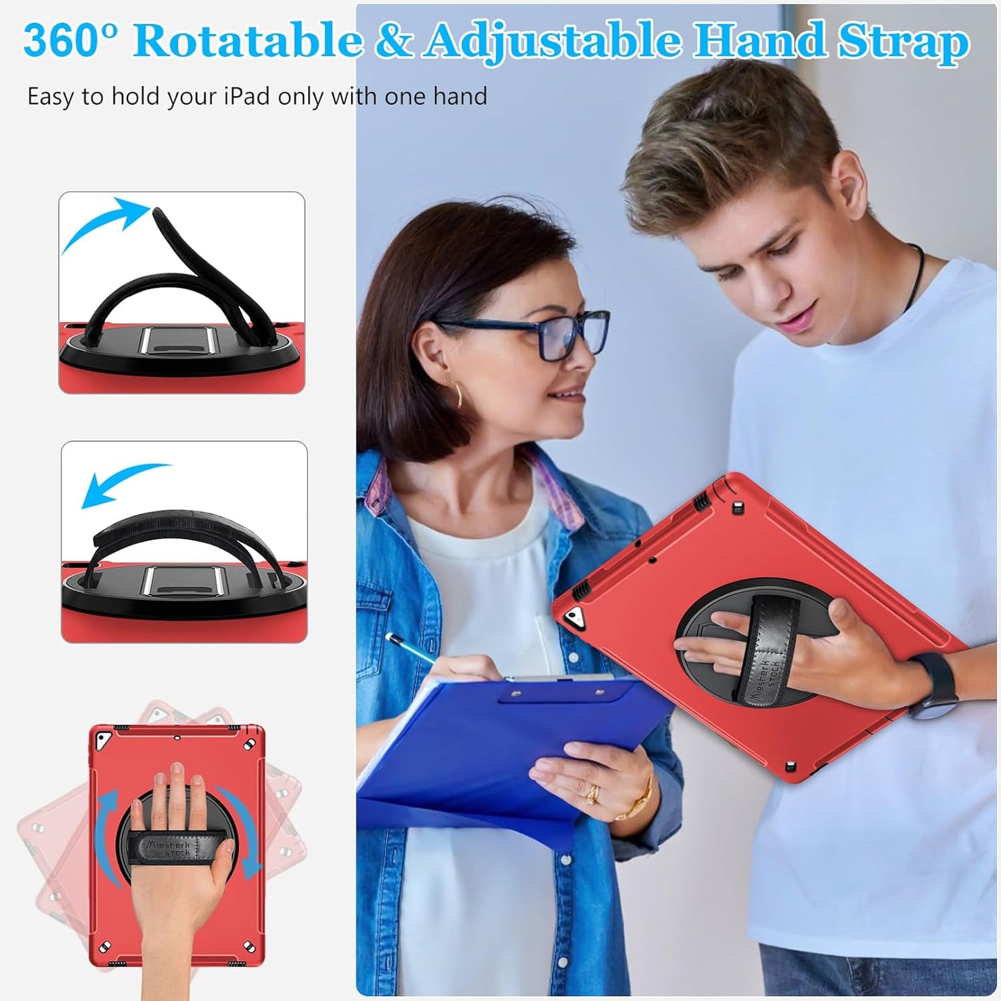 Case for iPad Pro 12.9 2nd Generation 2017& 2015 1st Generation, Heavy Duty Rugged TPU Protective Cover W/Screen Protector- 360° Rotatable Stand + Handle Hand & Shoulder Strap + Pencil Holder- Red