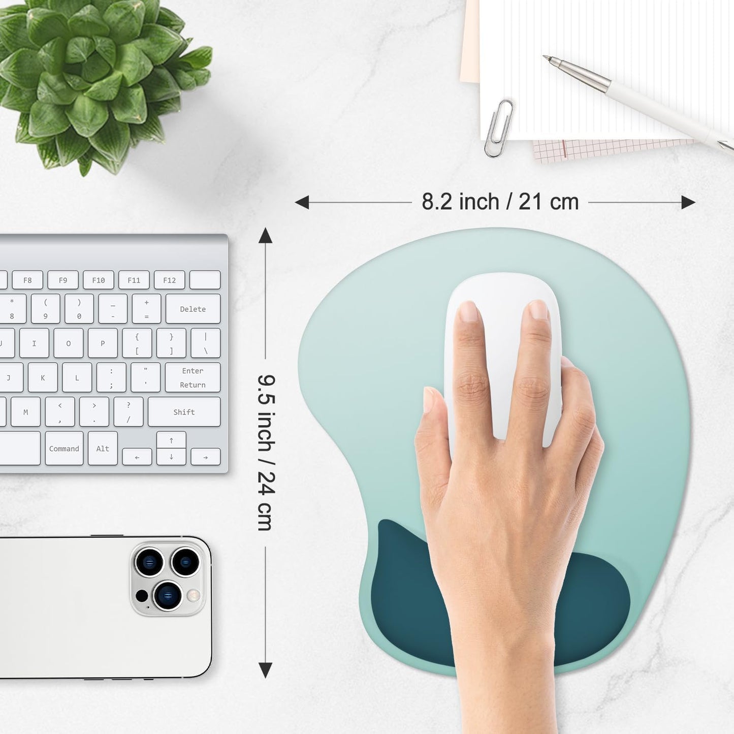 ITNRSIIET Ergonomic Mouse Pad, Cushioned Gel Wrist Rest, Non-Slip Base, Smooth Surface, Cute Multi-Color, 9.5 x 8.2 in, Light Green to White
