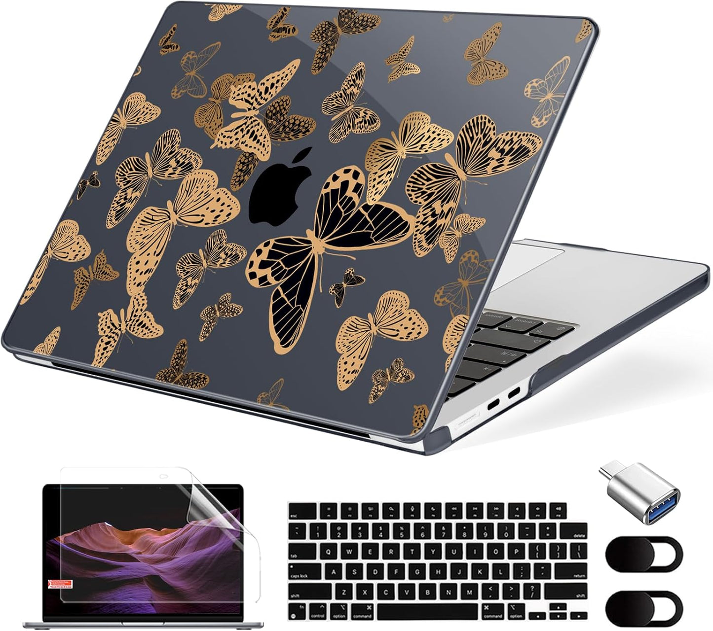 Compatible with MacBook Air 13.6 inch Case, M4 A3240/M3 A3113/M2 A2681 (Released 2025 to 2022), Hard Shell, Keyboard Cover, Screen Protector, Webcam Cover & Type-C Adapter, Butterfly