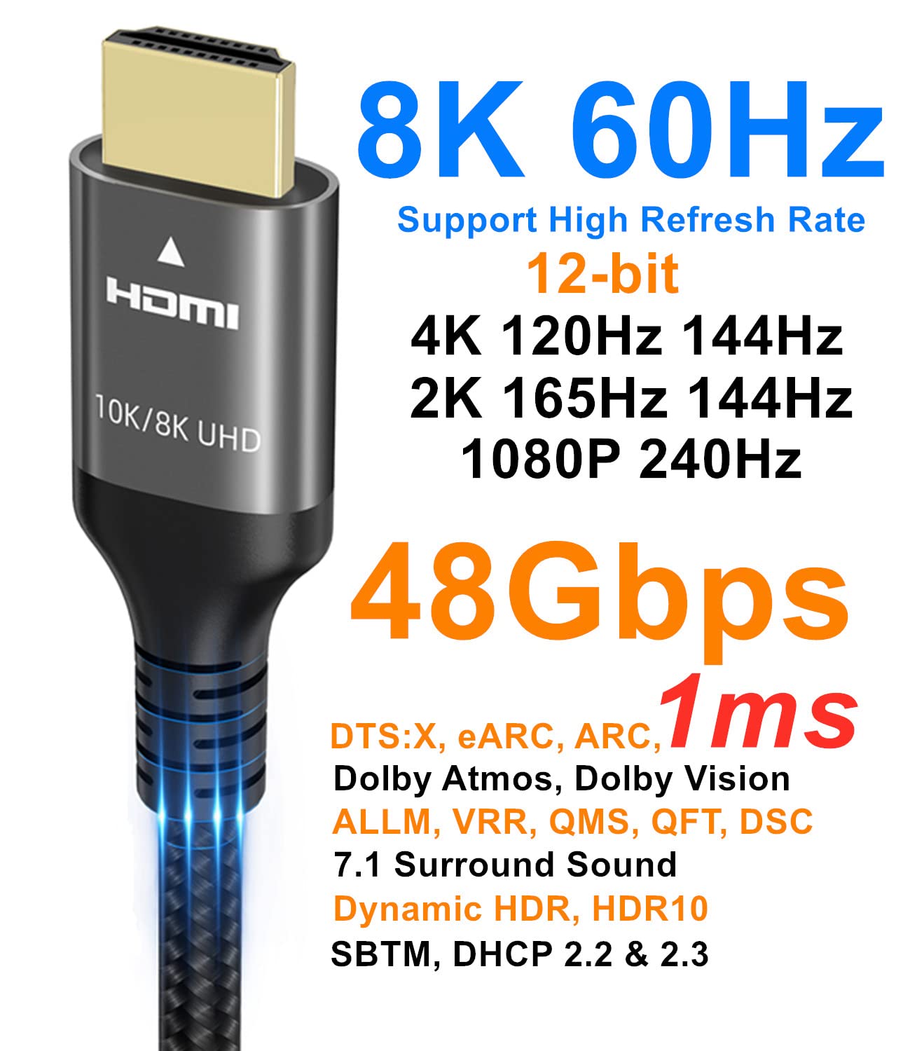 10K 8K 4K HDMI Cable 48Gbps 20 FT, Certified Ultra High Speed HDMI® Cable 4K 240Hz 144Hz 120Hz 8K60Hz 0.01ms HDR10+ eARC HDCP2.3 Netflix Roku TV PC Monitor Projector PS5 Xbox