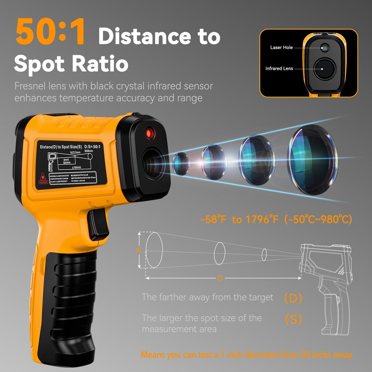 Infrared Thermometer Temperature Gun -58°F to 1796°F, 50:1 Dual-Mode Temp Guns with K-Type Thermocouple for Internal Readings, HVAC Contactless Lazer IR Thermometers for Home & Industry