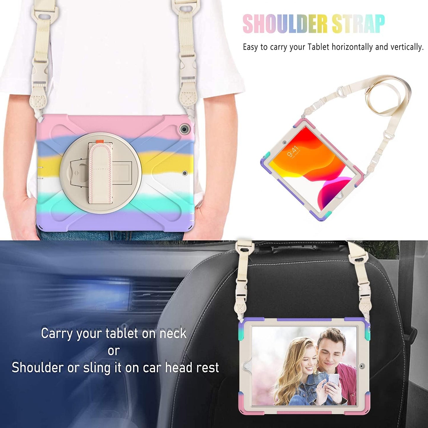 BLOSOMEET Case for iPad 9th/8th Generation 2021/2020 10.2 Inch for Kids Girls Cute w/Tempered Glass Screen Protector & Pencil Holder, iPad 7th Gen 10.2 Cover 2019 Pink w/Stand Hand Shoulder Strap