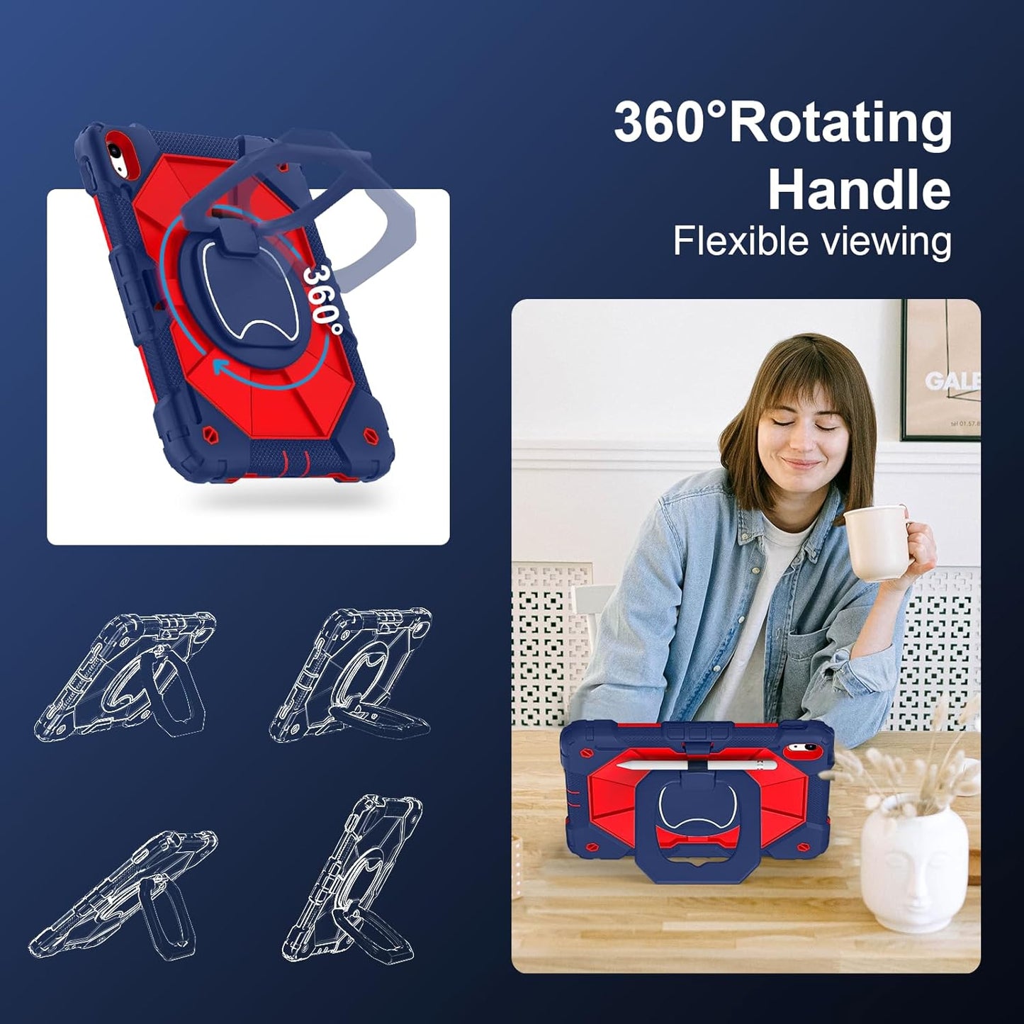 Case for iPad (A16) 11th Generation 11 Inch (2025), iPad 10th Generation Case 10.9 Inch (2022), Shockproof Cover with 360° Rotating Stand Screen Protector Pen Holder Shoulder Strap, Navy Red