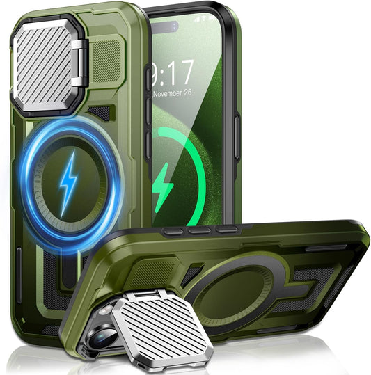Camera Stand Case for iPhone 15 Pro, [Compatible with Mag Safe] [Lens Cover] 2024 Version Military Grade Protective Soft Case for iPhone 15 Pro 6.1 inch Men Women, Green