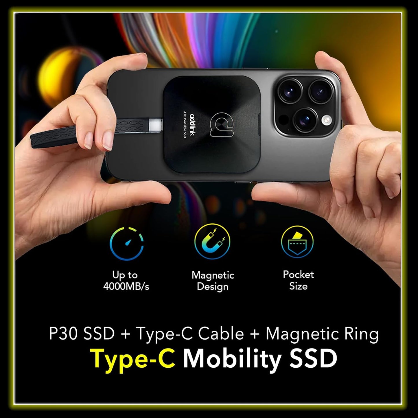 Addlink P30 2TB Magnetic Portable SSD, USB4 4000MB/s Compatible with Thunderbolt 4, ProRes 4K 120fps, PS5/PS4, MagSafe, Aluminum, for iPhone, PC, Mac, Android