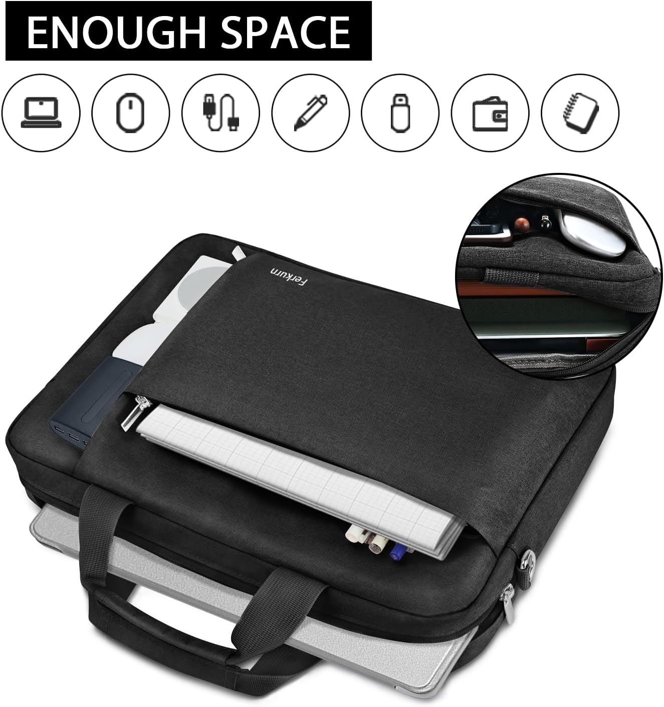 Ferkurn Laptop Bag Case for Women Men Computer Bag Compatible with HP Envy Pavilion Omen/LG Gram/MSI/Dell Inspiron XPS/Lenovo/Acer, Shoulder Strap Carrying Messenger Briefcase, Black, 14 Inch