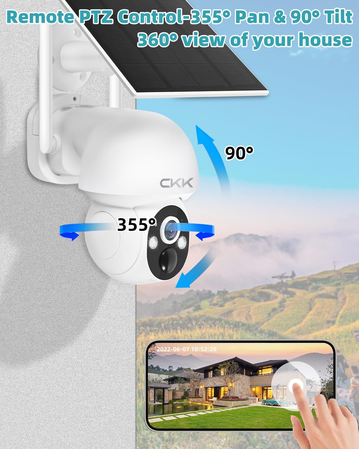 4MP PTZ Solar Security Camera Outdoor, 4pcs Wireless Security Camera System with 128GB Card, Pan/Tilt/Zoom, PIR Detection, 2-Way Audio, Audible Flashlight Alarm, IP66 Waterproof, Two Ways of Storage