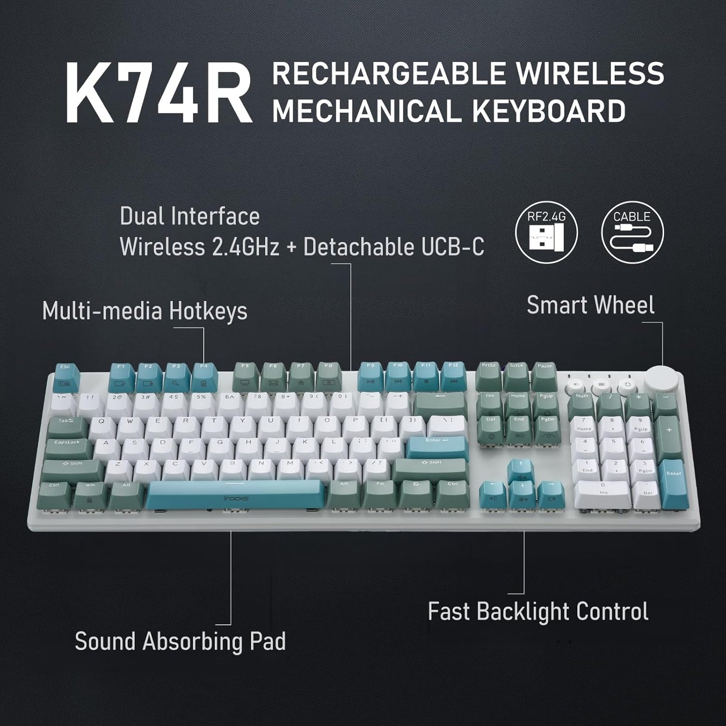iRocks K74R Wireless RGB Illuminated Mechanical Gaming Keyboard, Hot-Swappable Switches, Easy-to-Clean Floating Design, PBT 107 Keys NKRO, Detachable USB-C Cable - Island Blue (Blue Switches)