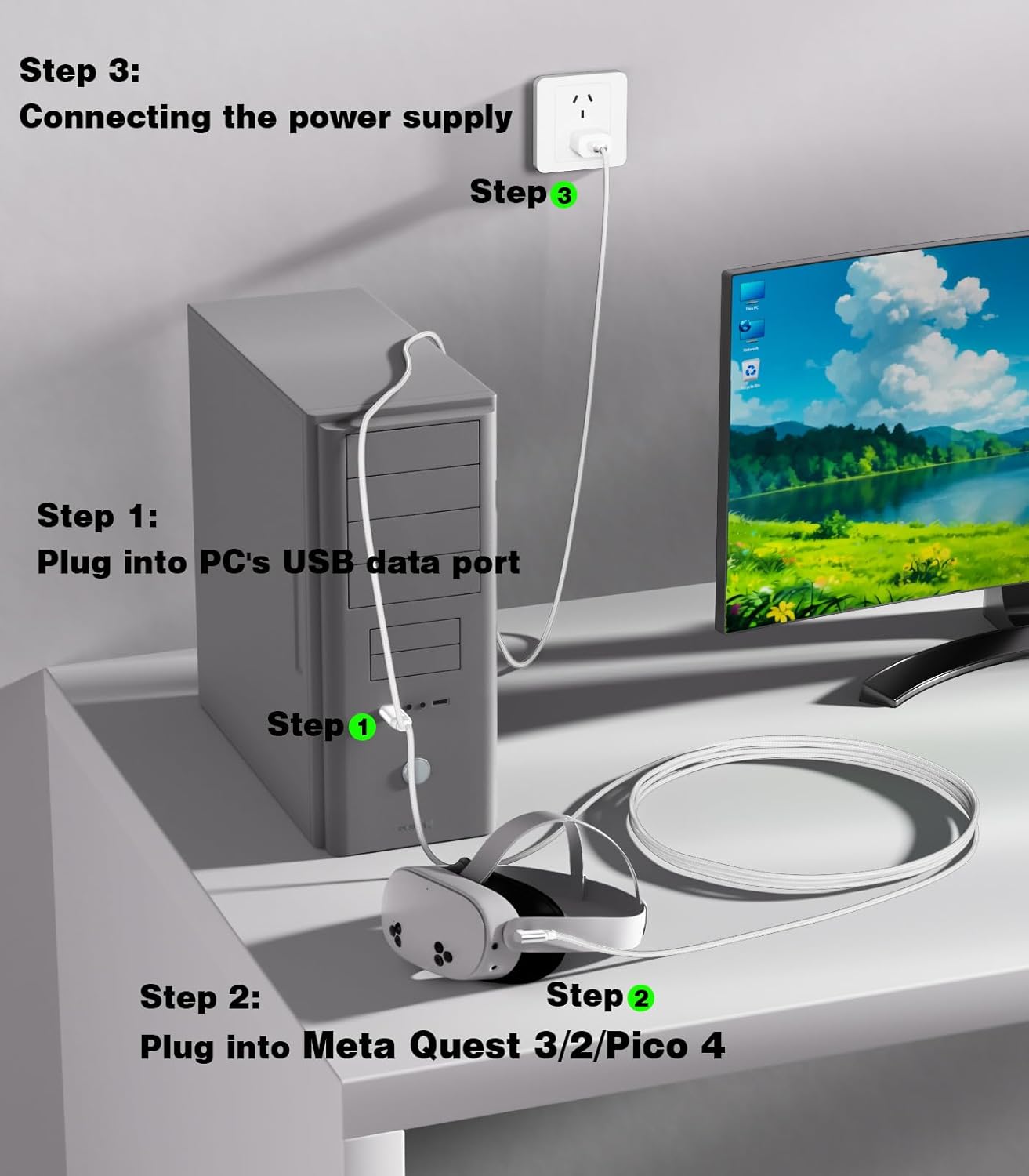 16FT VR Charging Link Cable | USB 3.0 High-Speed Data & Charge for Meta Quest 3S/3/2/Pro, Pico 4 and PC/SteamVR USB-C Charger Cord for VR Headset - White
