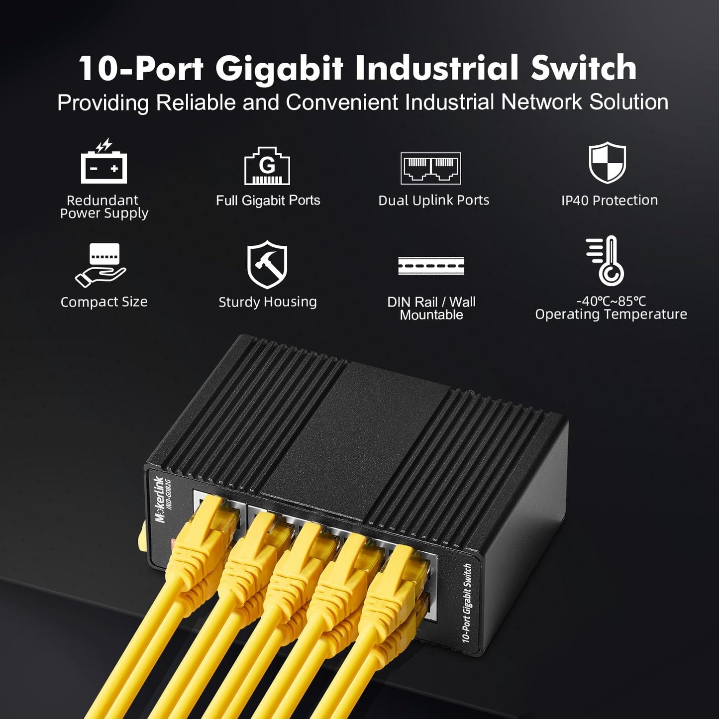 MokerLink 10 Port Gigabit Industrial DIN-Rail Ethernet Switch, Unmanaged IP40 Network Switch (-40 to 185°F), Mini Size, with Power Supply