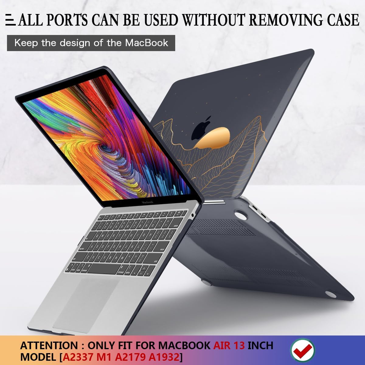 CISSOOK Compatible with MacBook Air 13 Inch M1 Case 2022 2021-2018 Release A2337 A2179 A1932, Crystal Black Plastic Hard Shell Case Cover for MacBook Air 13" with Touch ID, Sun & Mountain