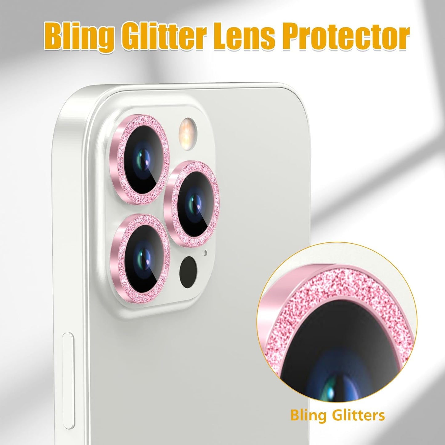 AGVEE 3+3 6 Pack for iPhone 13 Pro 6.1" / 13 Pro Max 6.7" Camera Lens Cover Protector, Bling Diamond & Bling Glitter Metal Ring 9H Tempered HD Glass Camera Cover Protector Film, Bling-Pink