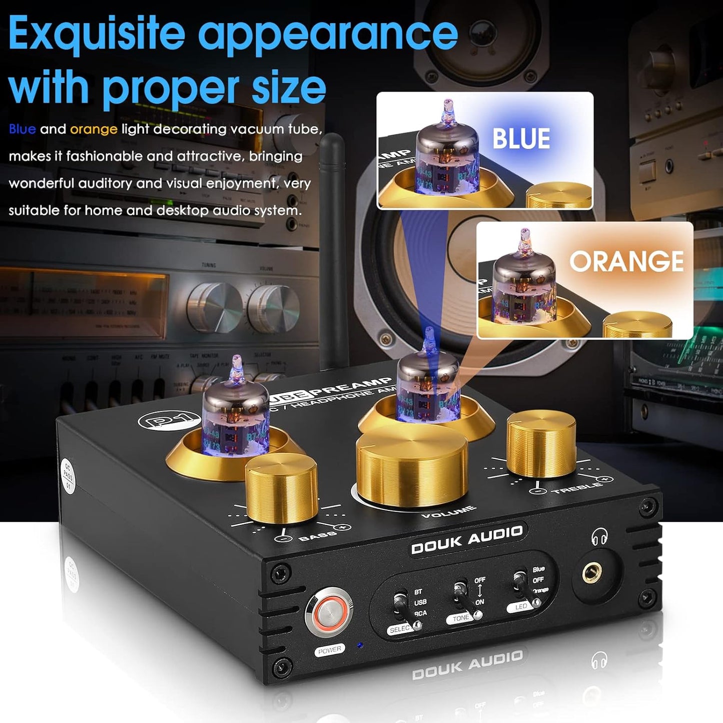 Douk Audio P1 Vacuum Tube Bluetooth Preamplifier, GE5654 Audio Preamp, Hi-Fi Headphone Amp, Stereo Wireless Receiver with USB DAC & APTX-HD for Home Theater Amplifier/Active Speaker