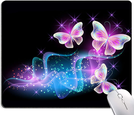 IMAYONDIA Glowing Night Pink Butterflies Mouse Mat - Square Waterproof Non-Slip Rubber Base Mouse Pad for Computer Laptop