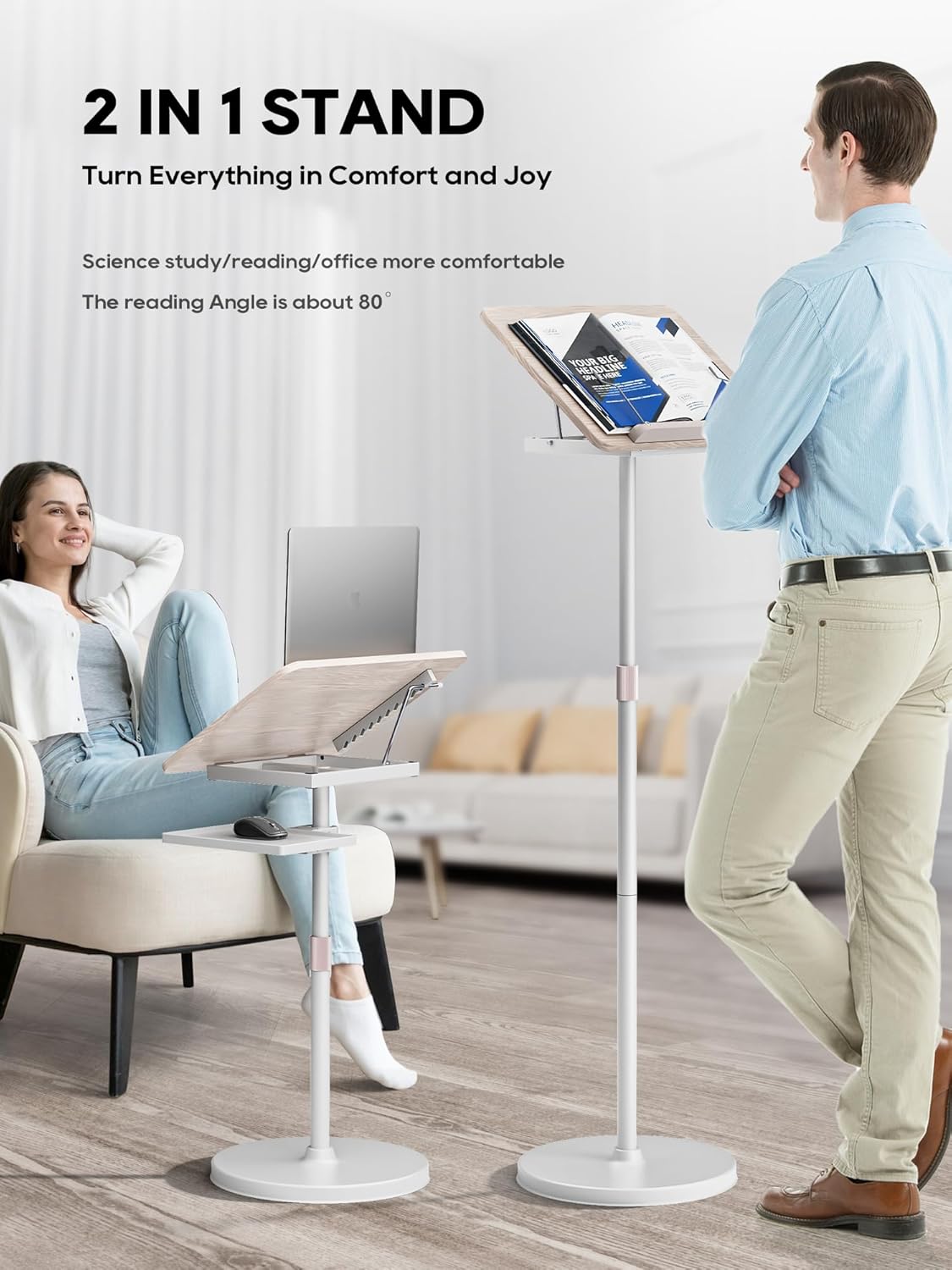 2 in 1 Adjustable Book Stand - Dual-Use Floor and Desktop Book Holder Stand, Height Adjustable 23.5-52 in, Elastic Page Clips for Music Sheet, Recipe, Tablet, Laptop-White