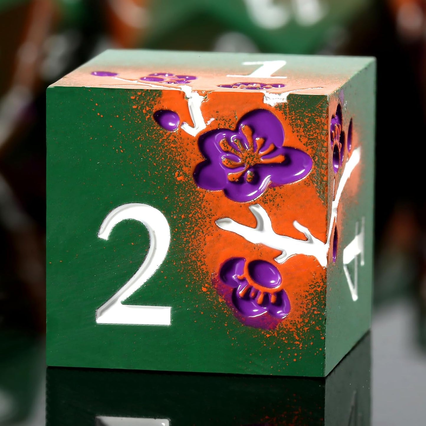 DNDND Metal Dice, 7 PCS Metallic Flowers D&D Dice with Gorgeous Gift Case for DND Dungeons and Dragon Tabletop Game (Army Green and Orange)