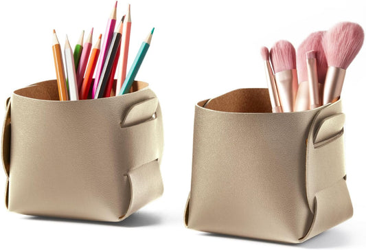 HOMIEAZICOZI 2-Pack Cork Leather Desk Accessories Storage - Pencil Pen Holder - Makeup Brush Holder Organizer - Stylish Addition to Home Decor (Champagne Gold)