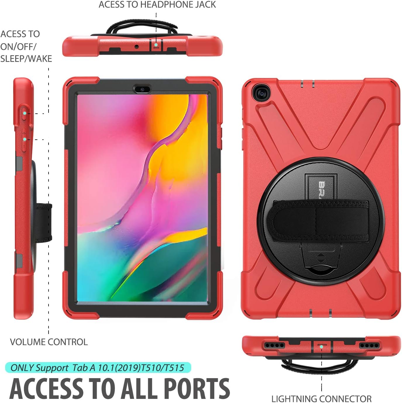 BRAECN Case for Samsung Galaxy Tab A 10.1 2019，Shockproof Protective Case with Carrying Shoulder Strap and Rotatable Kickstand/Handle Hand Strap for Galaxy Tab A 10.1 2019 SM-T510/SM-T515 -Red