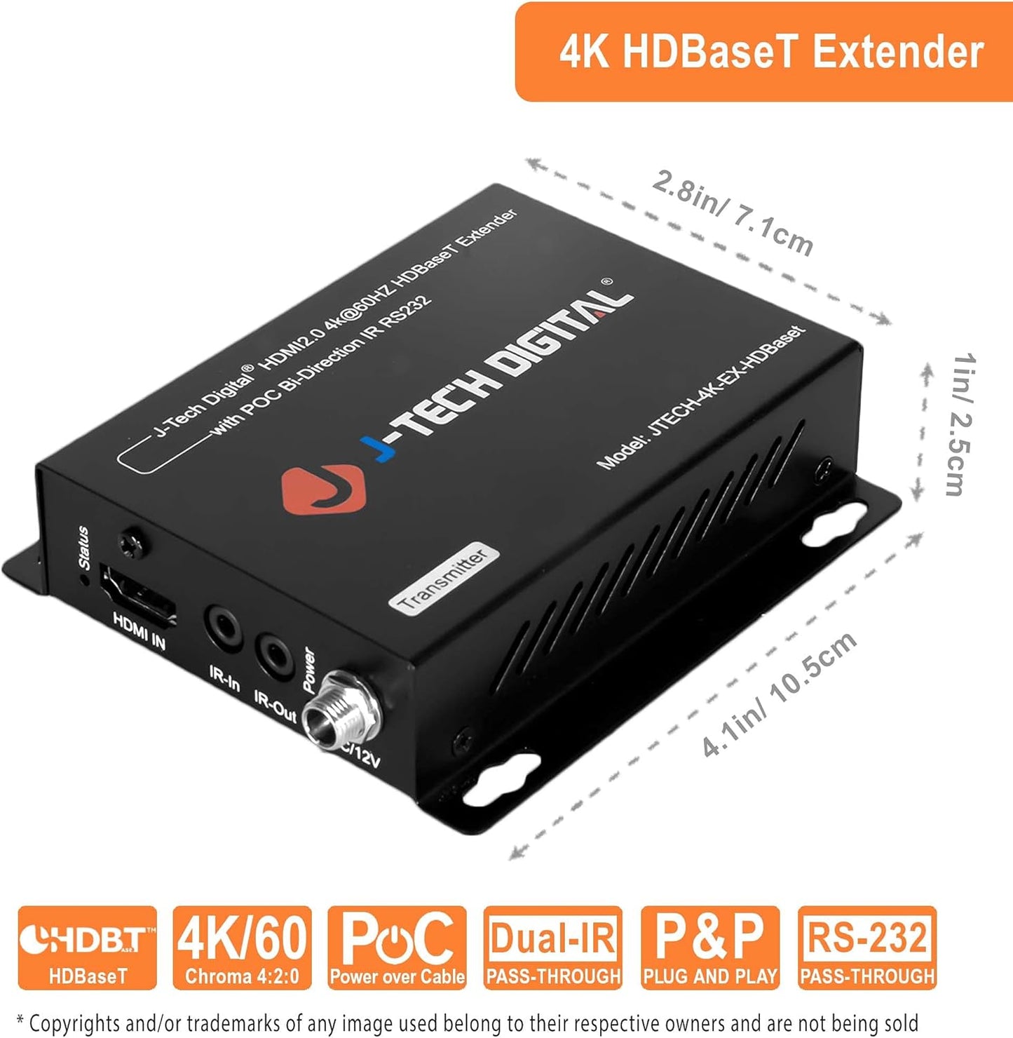 J-Tech Digital 4K HDBaseT HDMI Extender Over Cat5e/6 Ethernet up to 230ft (1080P) 130ft (4K), Supports HDCP 2.2/1.4, RS232, Bi-Directional IR and PoC