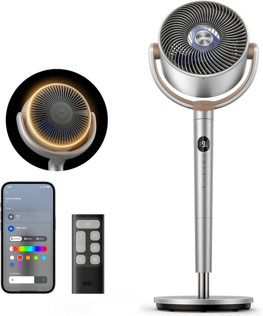 Dreo Smart Fans for Bedroom, 120° +120° Omni-Directional Oscillating Fan, 90ft Quiet Pedestal Fan with RGB Light, 9 Speeds, 6 Modes, 20dB, 8H Timer, Wi-Fi/Voice, 37-42" Floor Fans with Remote, Silver