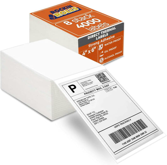 4x6 Thermal Labels (Total 4000) - 8 Packs of 500 Fanfold Direct Thermal Shipping Labels. Thick Commercial Grade, Waterproof, Smudge Proof Mailing and Address Label, Strong Adhesive Perforated Stickers