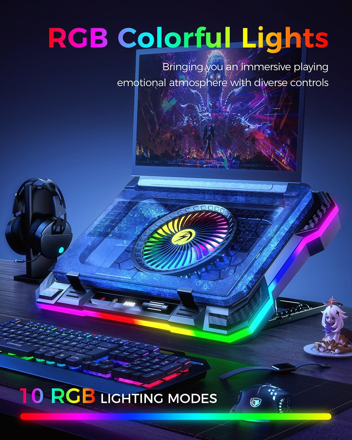 KeiBn Gaming Laptop Cooling Pad, Laptop Fan Cooling Pad with 5.5inch RGB External Fan, Rapid Cooling Laptop 15.6-19.3inch, 8 Height Stands, 2 USB Ports, Phone Holder-K1 5V RGB