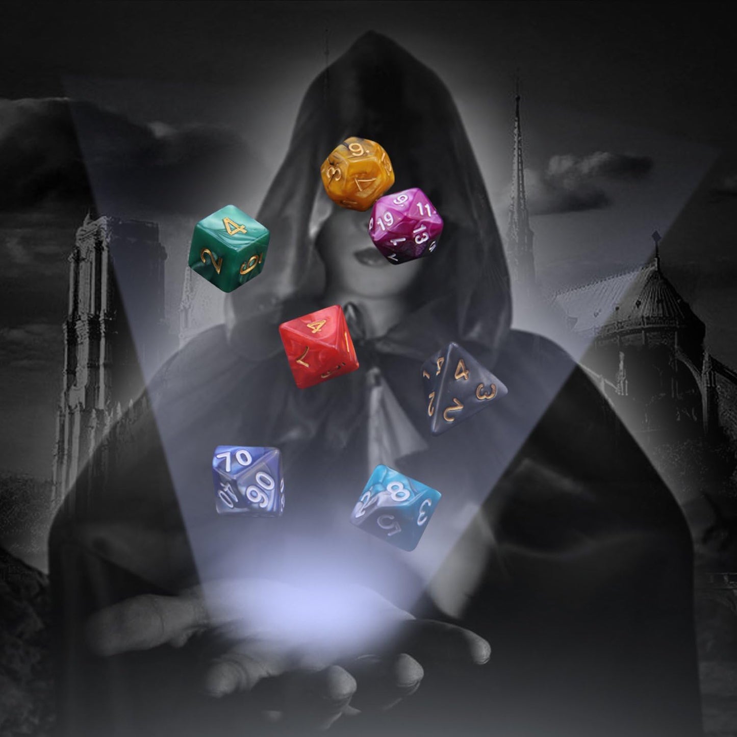 7 Sets (49PCS) Polyhedral Dice Set for Dungeons & Dragons/RPG, Complete D&D/DND Dice Sets (D20, D12, D8, D6, D4 & 2×D10 [0-9 & 00-90]) with 7 Pouches