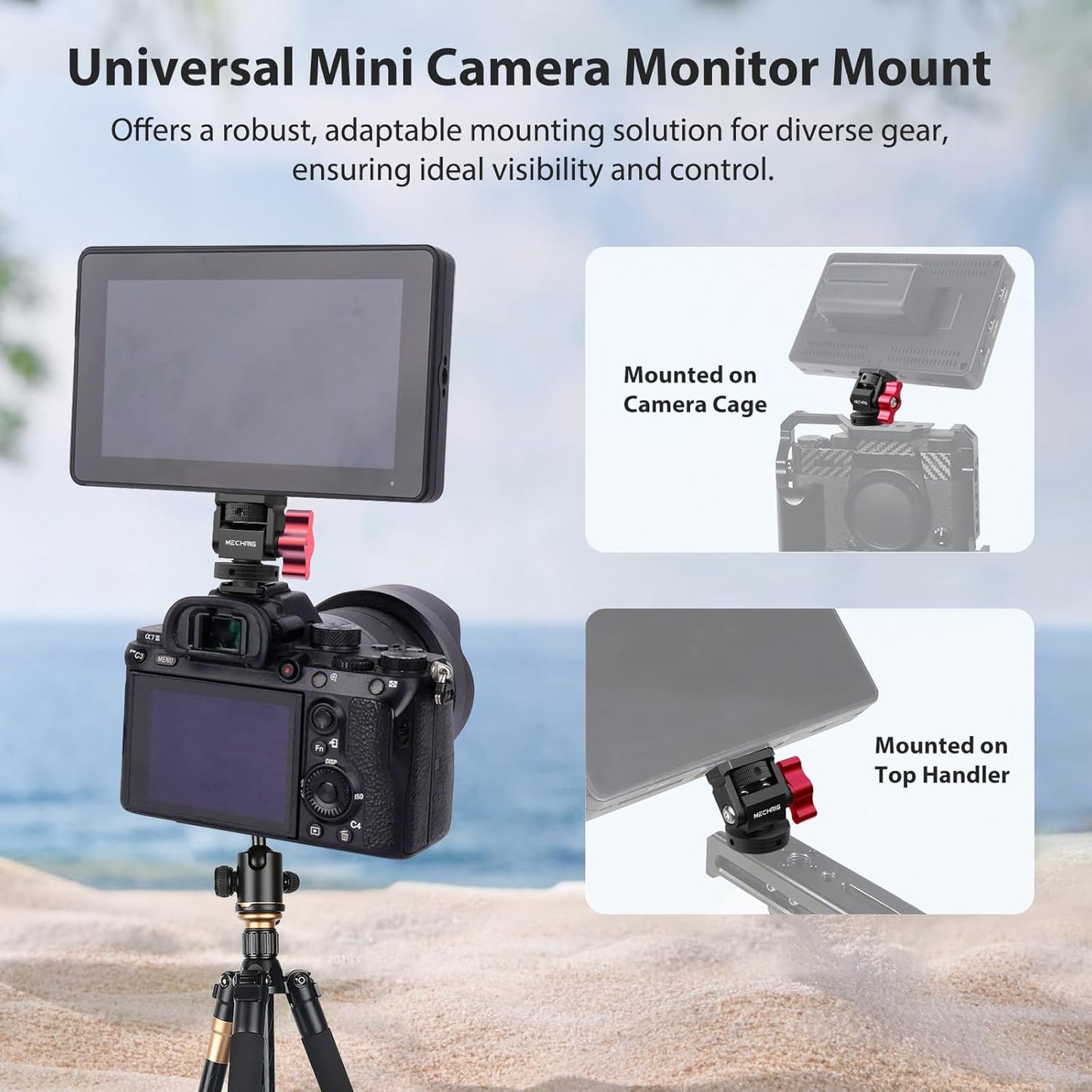 Mini Camera Monitor Mount with Cold Shoe, Aluminum Field Monitor Mount with 1/4″ Screw for LED Light Mic Cage, Cold Shoe Adapter 360° Swivel & 180° Tilt Damping (with Knob 63142)