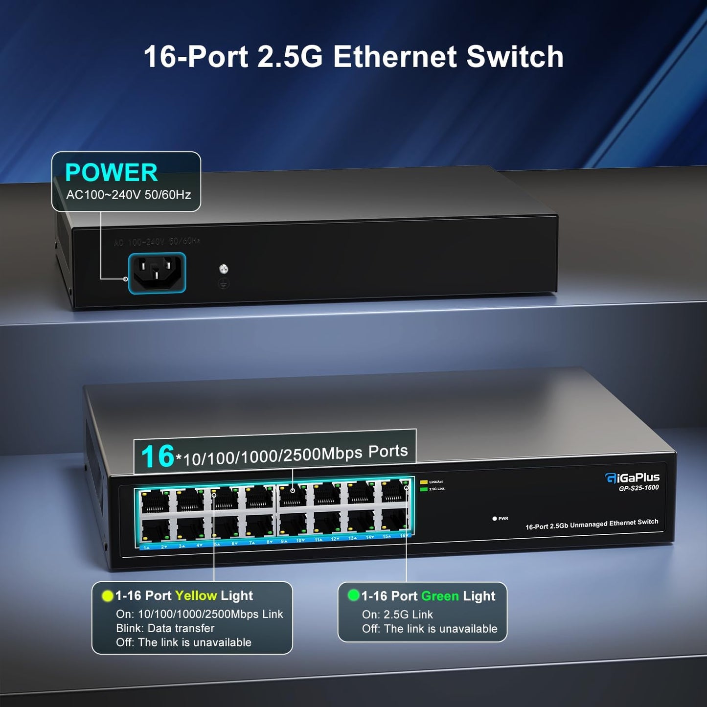 16 Ports 2.5Gb Unmanaged Ethernet Switch, 16*2.5G Base-T Ports. GiGaPlus 2.5Gbps Network Switch for 2.5Gbps NAS/PC, Wireless AP, WiFi6 Router. Plug and Play, Fanless Design.