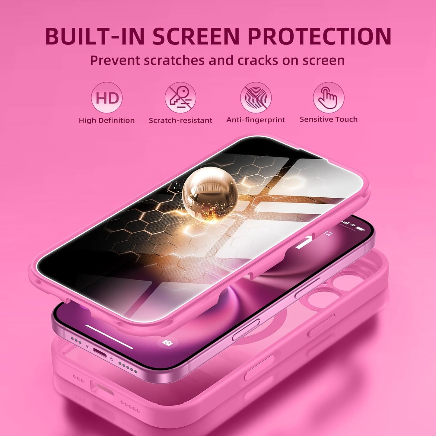 BERFY Magnetic for iPhone 16 Plus Case, Compatible with MagSafe, Built-in Privacy Screen Protector and Upgraded Camera Protection, Anti-Spy Full Body Shockproof Phone Case for 16 Plus 6.7", Peony